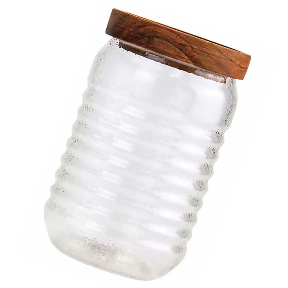 

Glass Food Storage Jar Thickened Wooden Cover Sealed Container Grain Tea Bottle Canister Kitchen Home Office 300ml