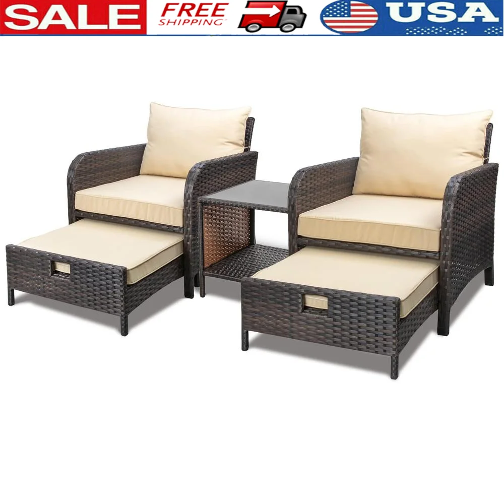 

5 Piece Outdoor Patio Furniture Set PE Wicker Rattan Lounge Chairs Soft Cushions Ottoman Glass Table Casual Conversation Set