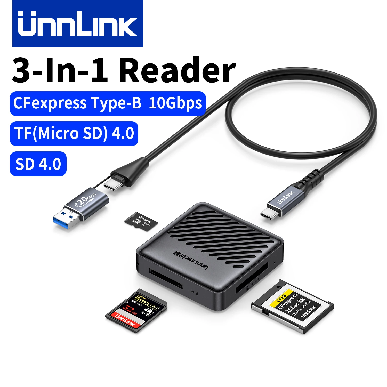 

Unnlink USB 3.2 Gen 2 Card Reader, Support SD 4.0, TF4.0(Micro SD), CFexpress Type B Card 10Gbps, Type C Reader