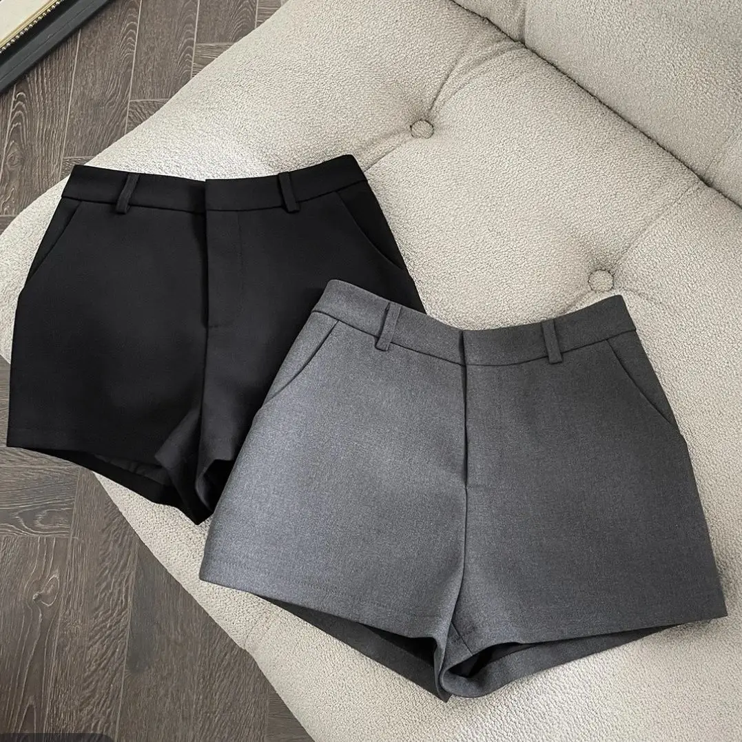 Traje negro de cintura alta, pantalones cortos para mujer, ropa para exteriores para primavera y verano, pantalones térmicos informales adelgazantes de pierna ancha grises de línea A 2025