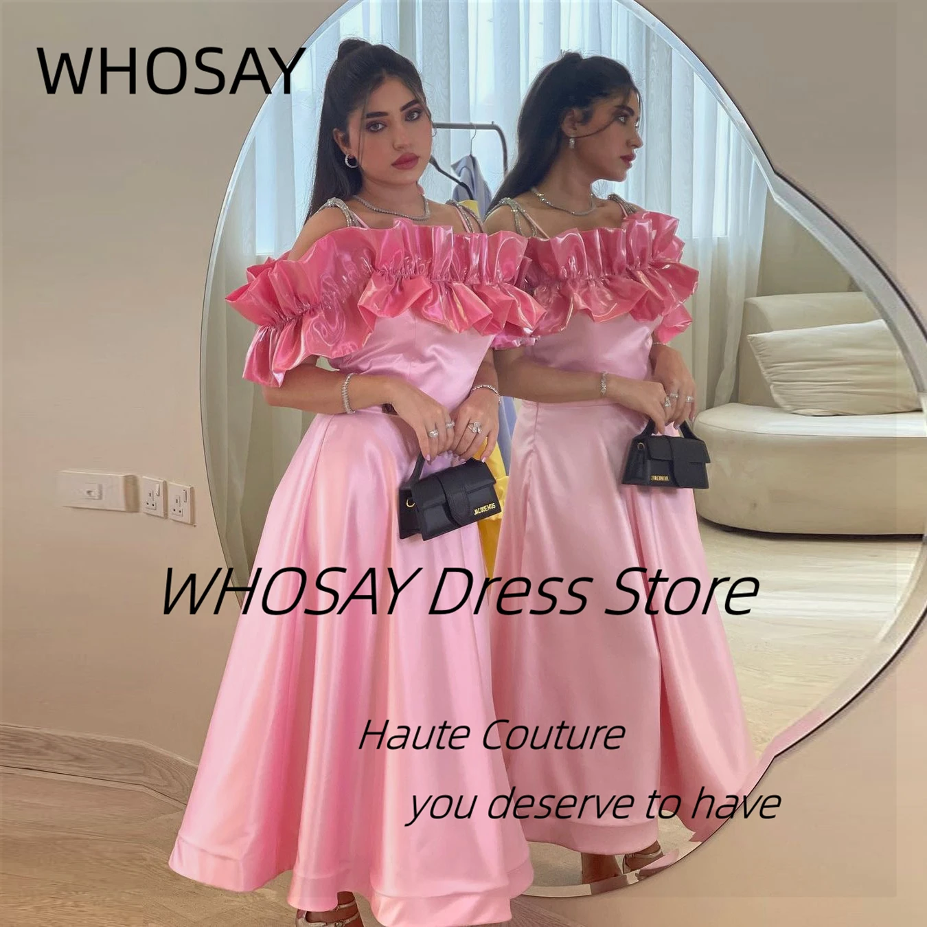 

WHOSAY Ruched Bateau Neck Prom Dresses 2024 Ankle Length Satin Pink Evening Dress Saudi Ladies Wear Wedding Party Gowns