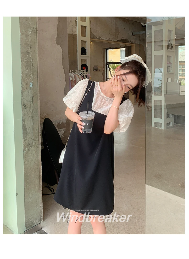 Maternity Faux Two Pieces Dresses Short Sleeve O-Neck Lace Patchwork Black White Pregnant Woman A-Line Dress Elegant Clothes