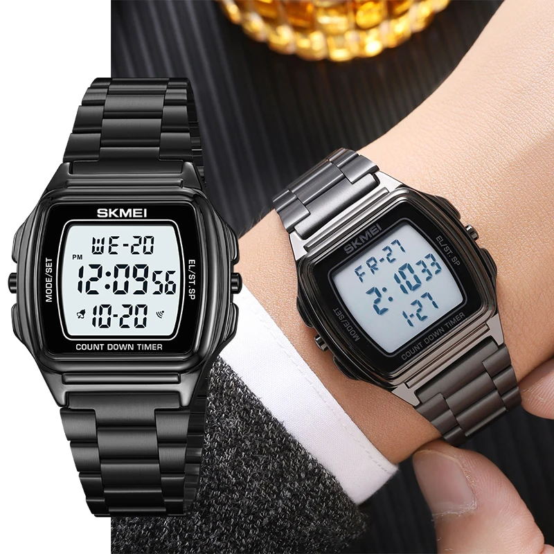 Skmei Luxusmarke, wasserdichte Digitaluhren, 24-Stunden-Anzeige, LED-Licht, Chronograph, modisches Edelstahlarmband, Dualzeit