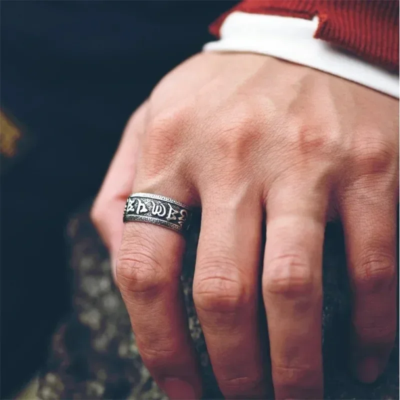 

925 Silver Ring Male Finger Accessories Personality Retro Buddhist Scripture Mantra Om Mani Padme Hum Ring For Men Adjustable