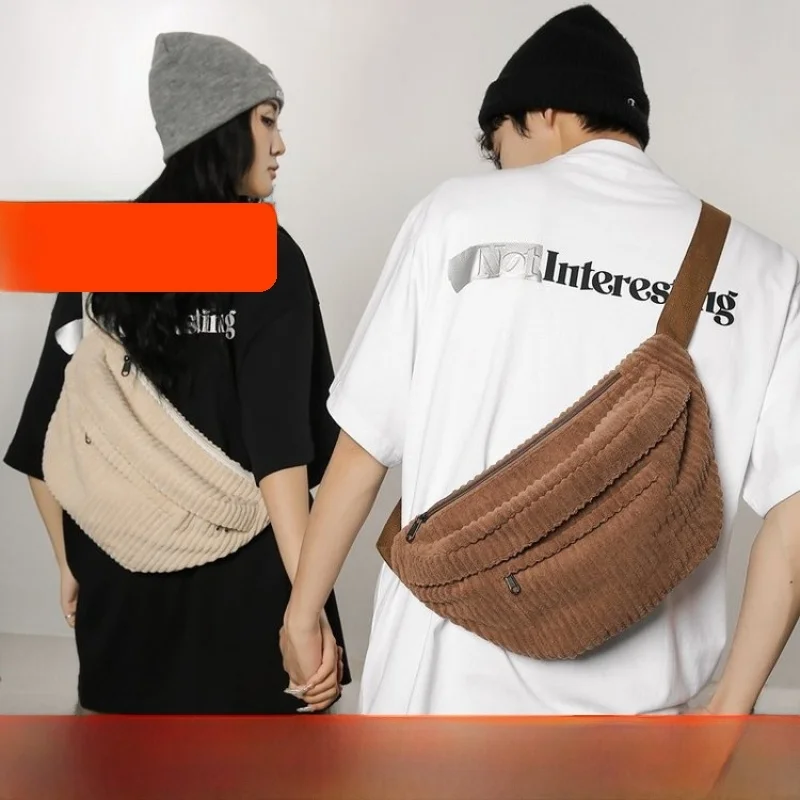 Trendy Large Capacity Canvas Crossbody Bag Unisex Single Shoulder Chest Waist Bag Casual Style Zipper Closure Soft Cotton Bag