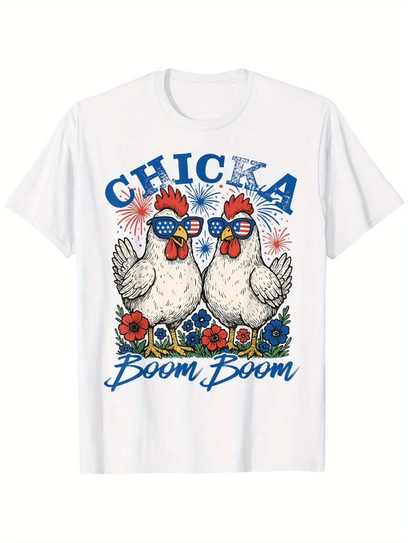 Men's Patriotic 4th of July T-Shirt - Funny Floral Chicka Boom Boom Chicken Design with  American Flags, Super Soft B