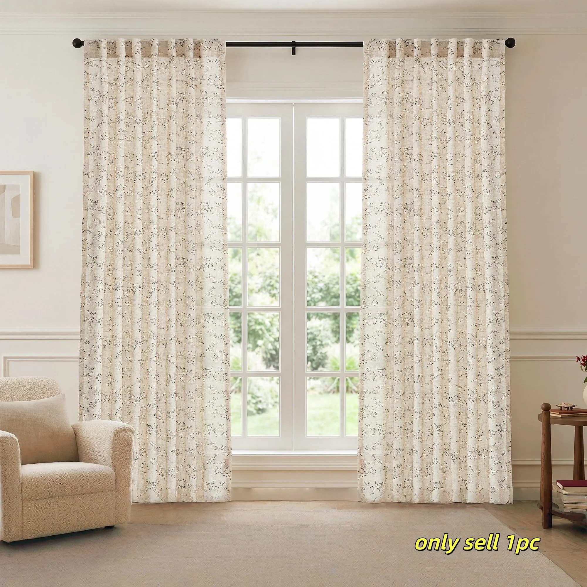 1PC French Style Linen Curtain, Provence Floral Print, Sunblock Insulation, Half Light Floor Window, Bedroom Decor, 1pc