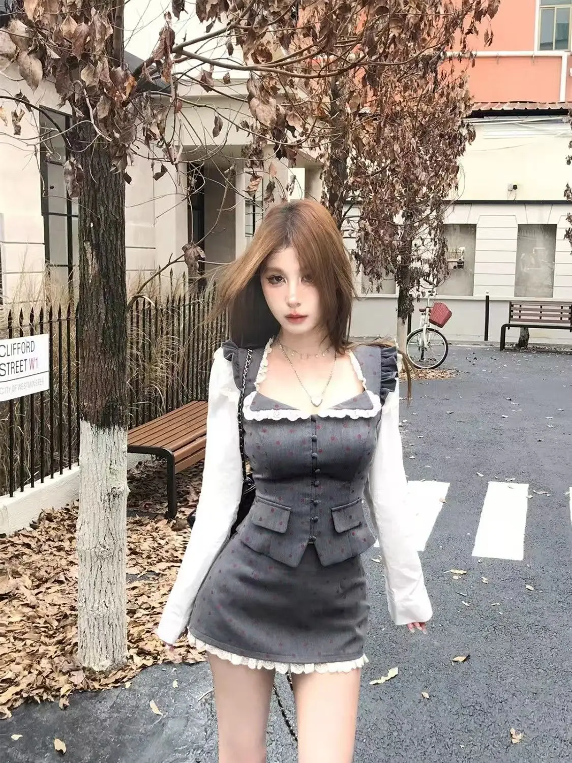 Winter Gray Vintage New Two Piece Set Women Kawaii Lace Tops+sweet Mini Skirt Female Japan Fashion Elegant Japanese Suit 2024