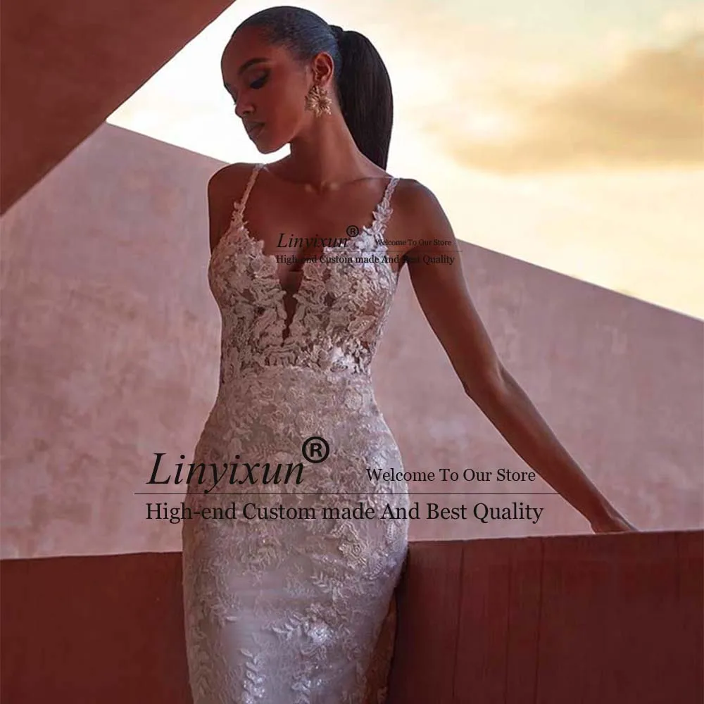 Sexy Brautkleider mit Spitze und Spaghettiträger, Meerjungfrau-Brautkleider, maßgeschneidert, tiefer V-Ausschnitt, offener Rücken, Robe de Mariée