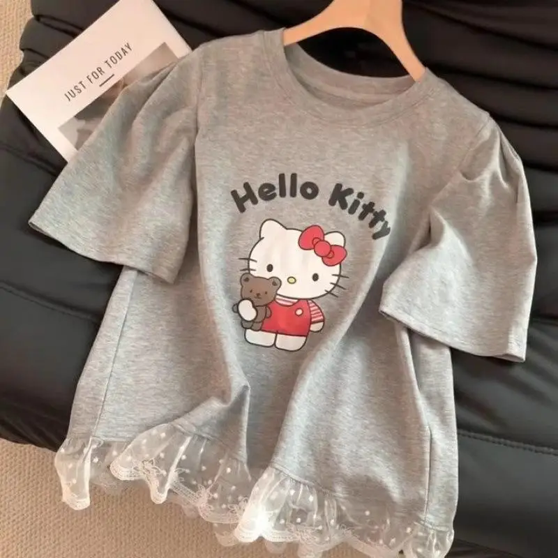 

Футболка с короткими рукавами для девочек в стиле аниме «Hello Kitty», женские летние хлопковые топы с принтом, кавайные топы, летняя одежда