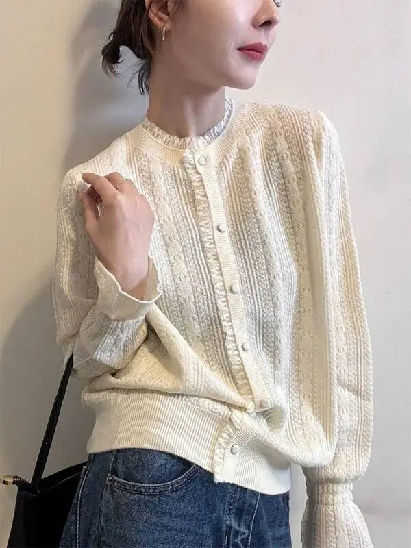 

Sweater for Women 2025 Gentle Round Neck Lace Long Sleeve Autumn Winter New Sweet Soft Knitwears Female Cardigan Tops F428