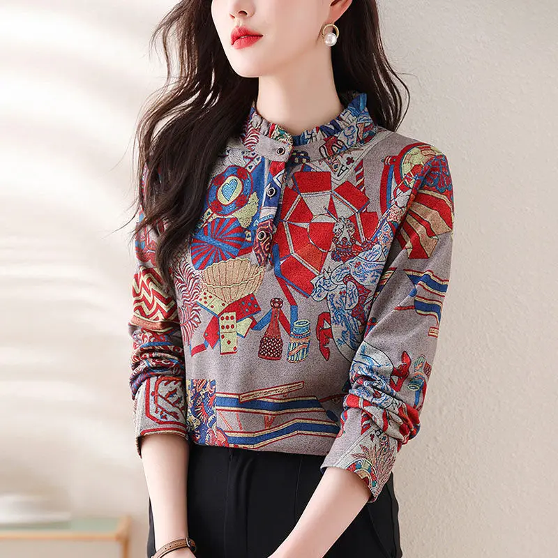 Women Spring Korean Fashion Vintage Print Ruffle Blouse Elegant Chic Stand Collar Shirt Long Sleeve Slim Tops Blusas Para Mujer