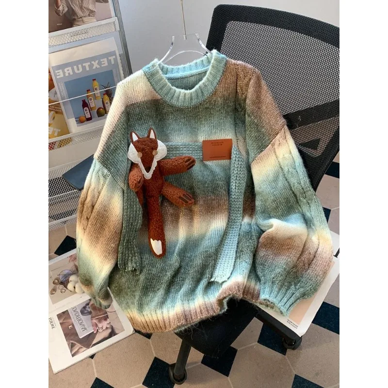Gradient Color Striped Design Sweater 2025 Autumn and Winter New Retro Loose Lazy Long-sleeved Knitted Top