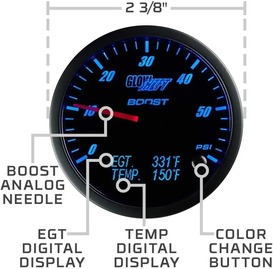 3in1 Analog 60 PSI Boost Gauge Kit with Digital 2200 F Pyrometer Exhaust Gas Temp EGT & 300 F Temperature Readings