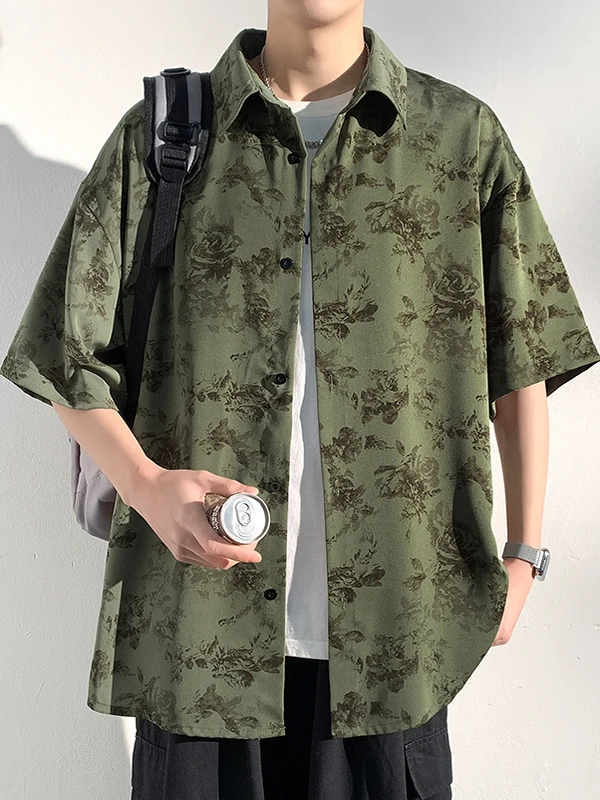 

Retro Japanese Floral Print Loose ort Sve Men's irt Summer High Sensation Cool Looking Polyester Ice Silk Casual irt