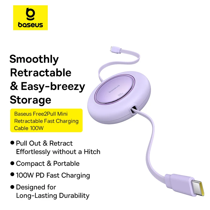 Baseus Free2Pull Mini zwijany kabel ładujący USB-C do USB-C 100W — zdjęcie produktu 2