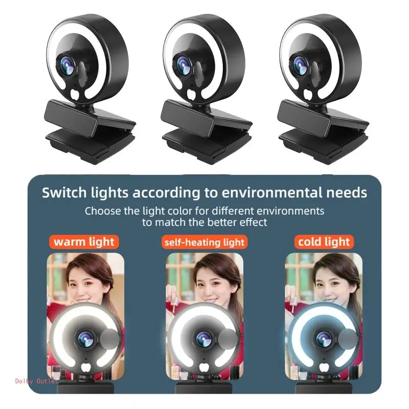 1080P AutoFocus Webcam Computer Beauty Web Camera Tri-Color Lamp Light with Microphone for Live Video Screaming Teaching