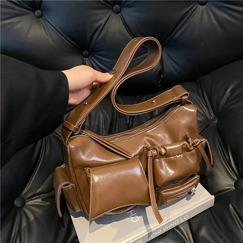 PU Sewing Thread Casual Top-Handle Motorcycle Bags Interior Compartment 2024 Fashion Shoulder Bags for Women Zipper Basic Style