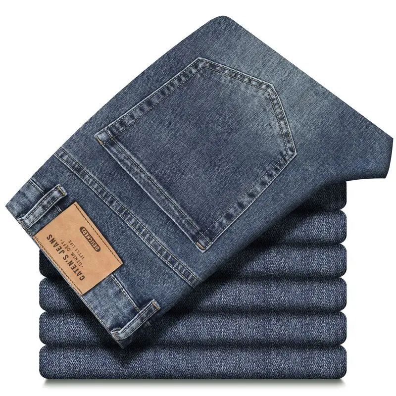 

Мужские прямые джинсы больших размеров, модные повседневные классические свободные облегающие мягкие брюки, мужские брендовые синие эластичные джинсовые брюки