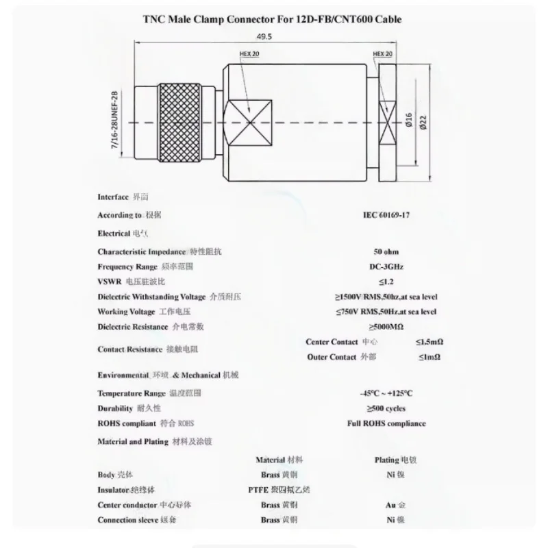 1pc TNC-J-12 TNC Male screw type connector for SYV50-12/12D-FB/CNT600/LMR600 Cable RF Coaxial Adapter