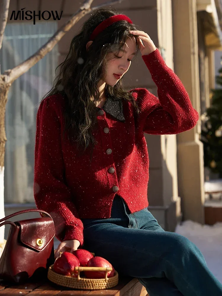 Autumn Winter Cropped Knitted Sweater Women Vintage Office Ladies Lapel Contrasting Polo Neck Knitted Cardigan Tops MXC56Z0440