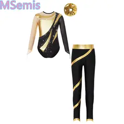Kids Girls Shiny Rhinestones Dance Set Long Sleeve Cutout Back Leotard with Waistband Pants And Headband for Skating Gymnastics