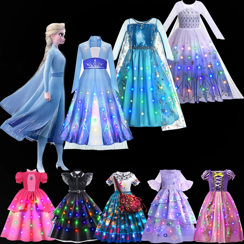 Frozen Anna Elsa LED Light Up Princess Dress Kids Wednesday Addams Peach Cosplay Costume Baby Girls Carnival Halloween Prom Gown