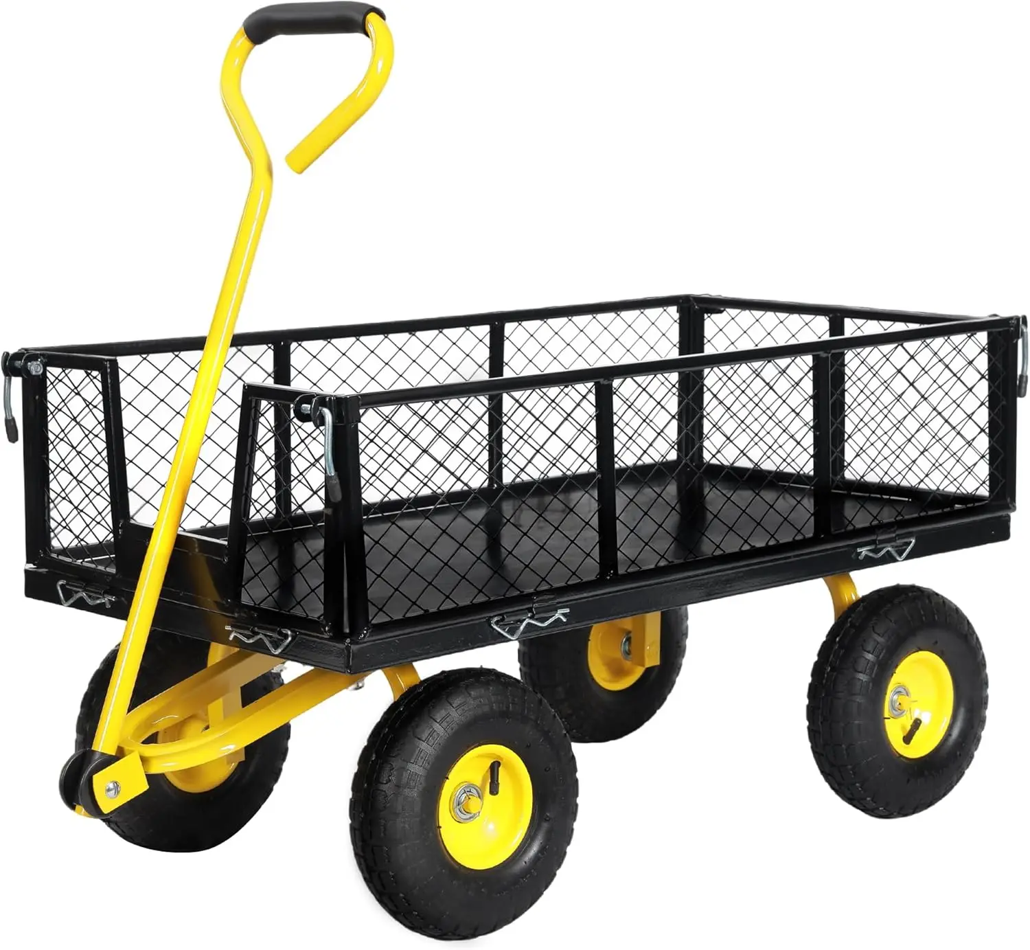 

500 Lbs Capacity Heavy Duty Mesh Steel Garden Cart Folding Utility Wagon with Removable Sides 10 Inch Flat Free Tires Black & Ye