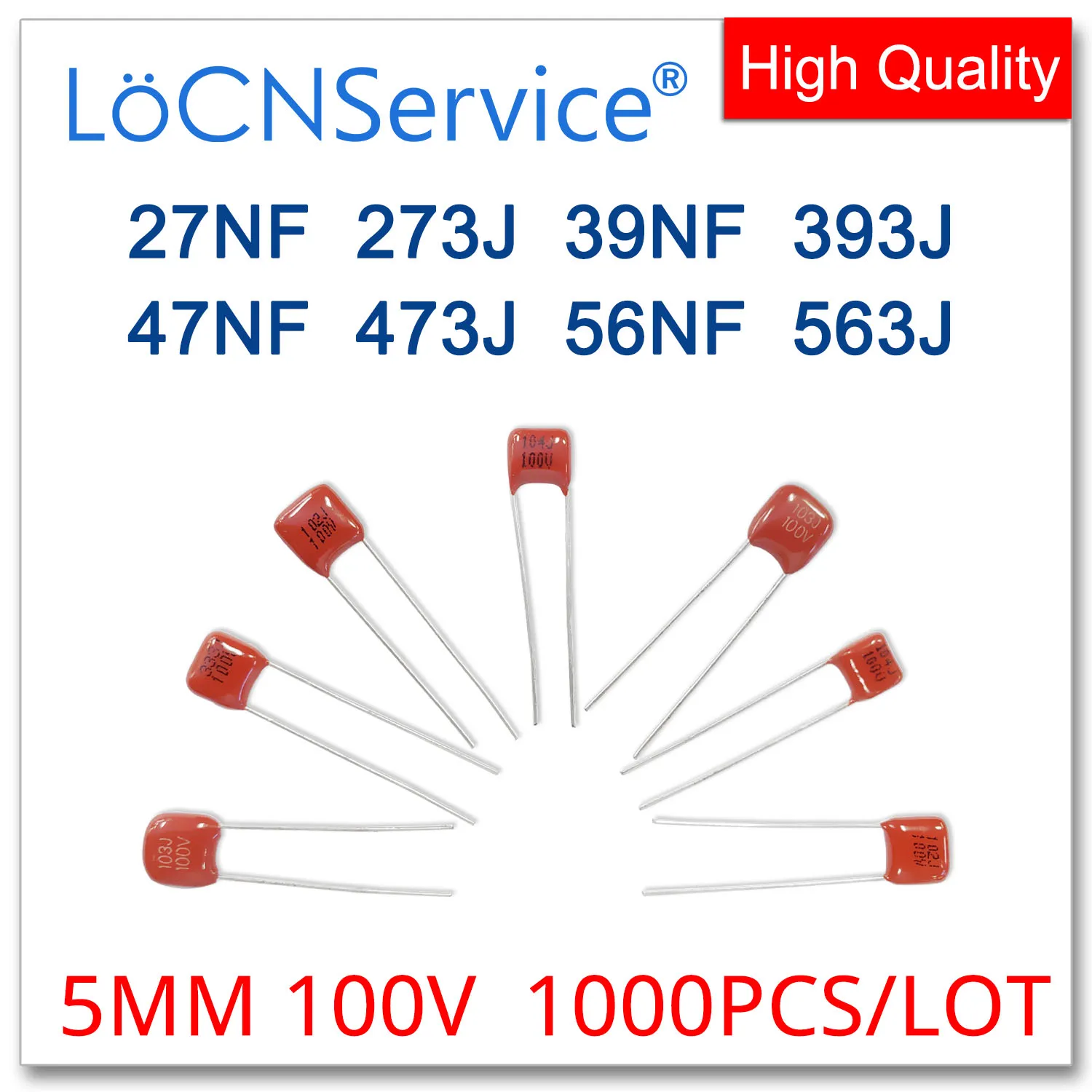 

LoCNService 1000PCS 5MM 100V 27NF 39NF 47NF 56NF 273J 393J 473J 563J CBB Polypropylene Film Capacitor High Quality