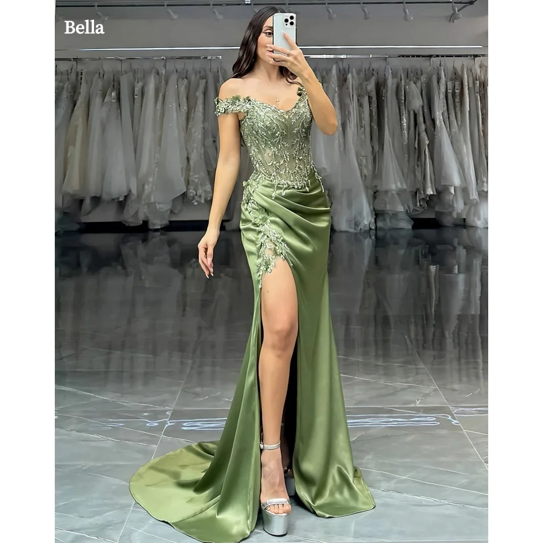 

Bella Customized Olive Off Shoulder Beaded Lace robes de soirée Satin High Slit Train Mermaid Gown Elegant Party Dresses Stylish