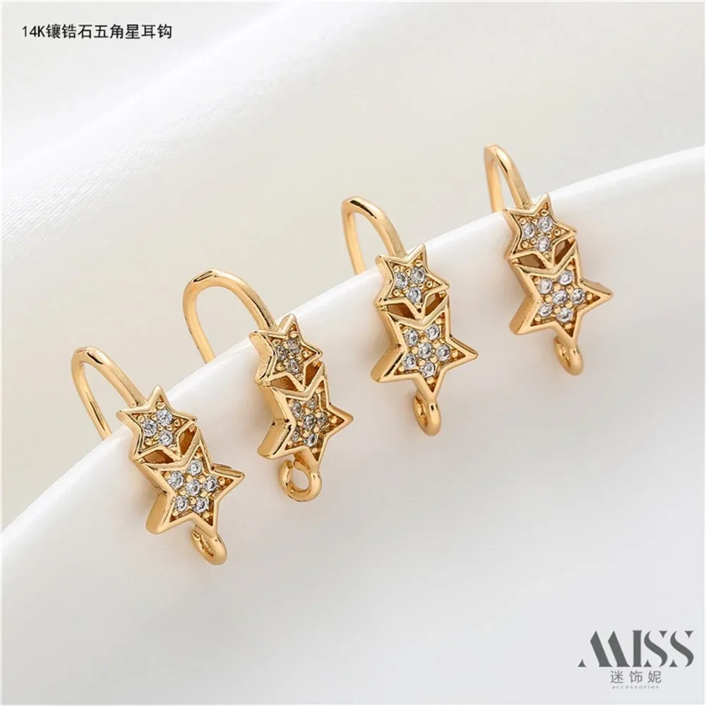 14K Copper-clad Real Gold Inlaid Zircon Pentagram Ear Hook Handmade DIY Earrings Ear Accessories Material