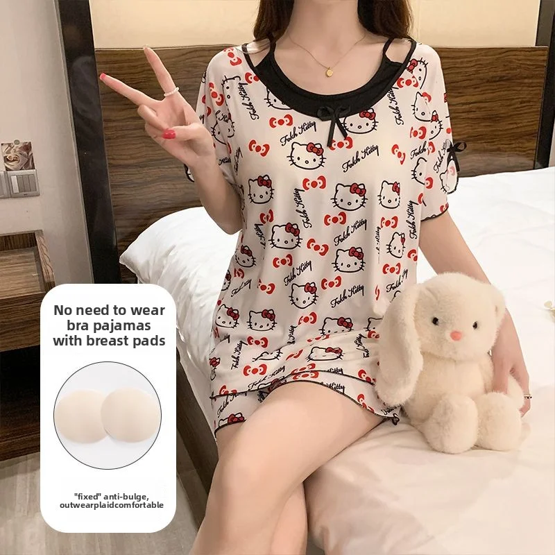 

Sanrio cartoon pajamas for women; summer set with cute top, casual shorts with a chest pad, and a home outfit set.