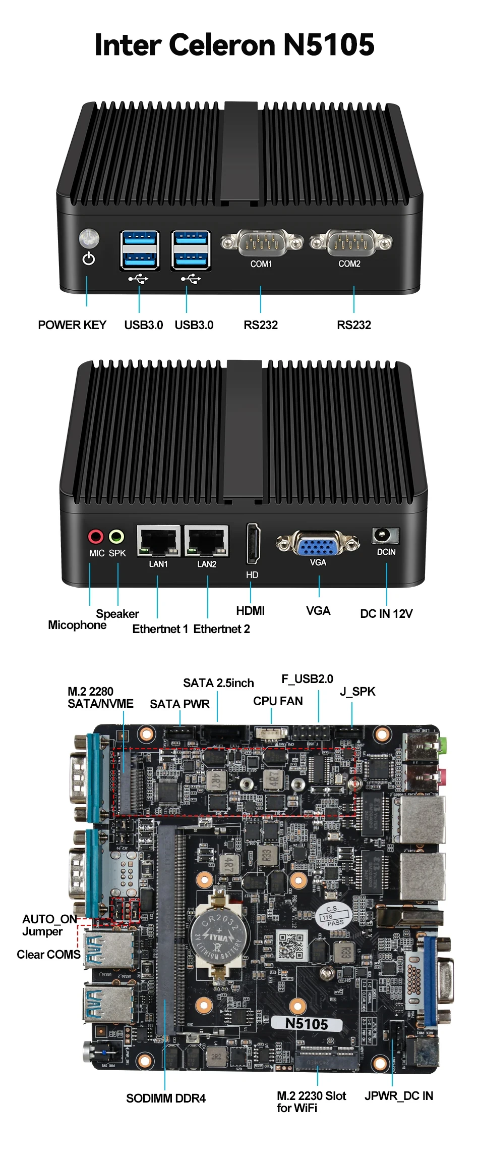 Intel Core I3-5005U Mini PC Barebone Dual LAN 2xRS232/485 4xUSB Support WiFi Linux Computer for Industrial Windows10Pro Ready