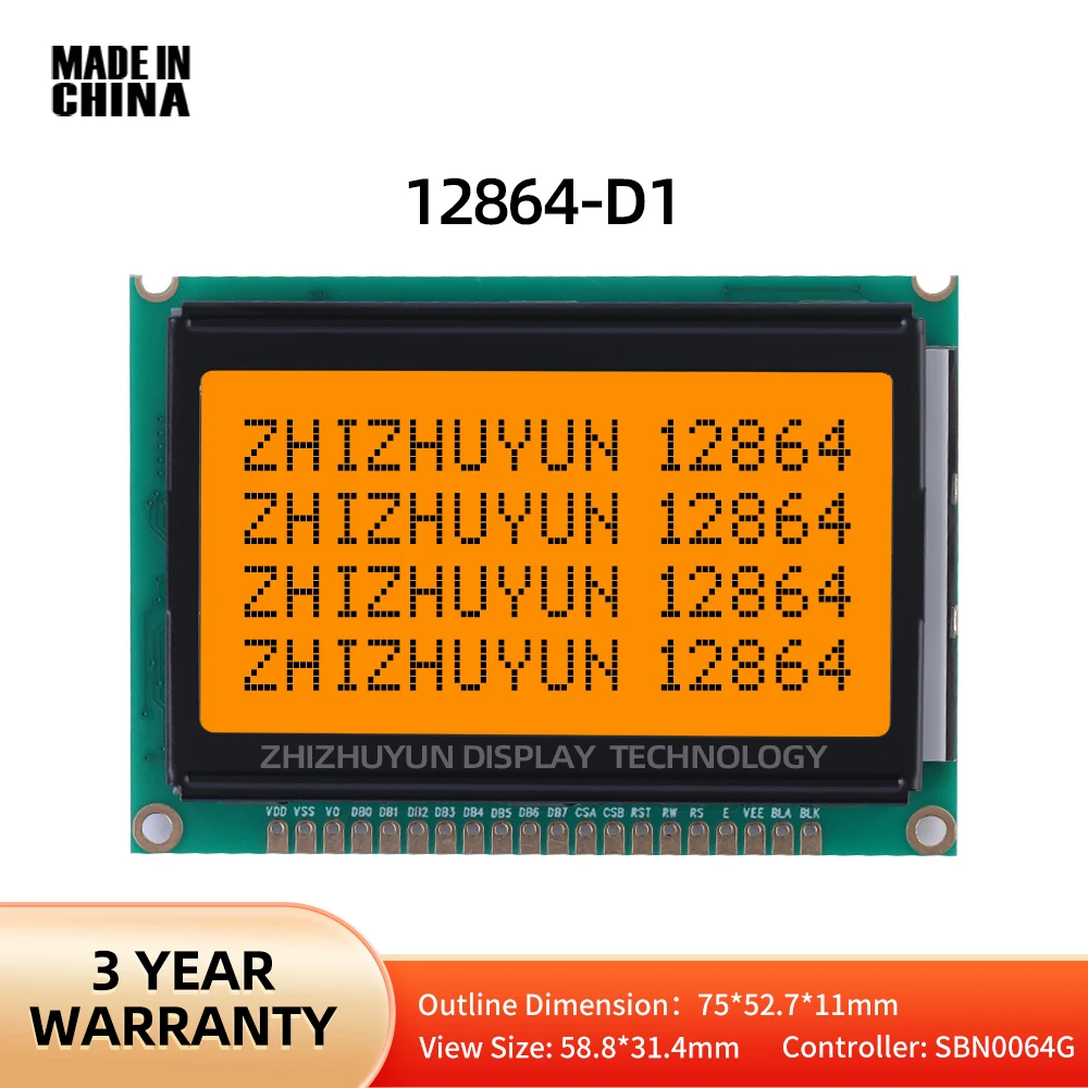 LCD12864-D1 Display LCD daya rendah cahaya oranye Display grafis karakter hitam KS0108