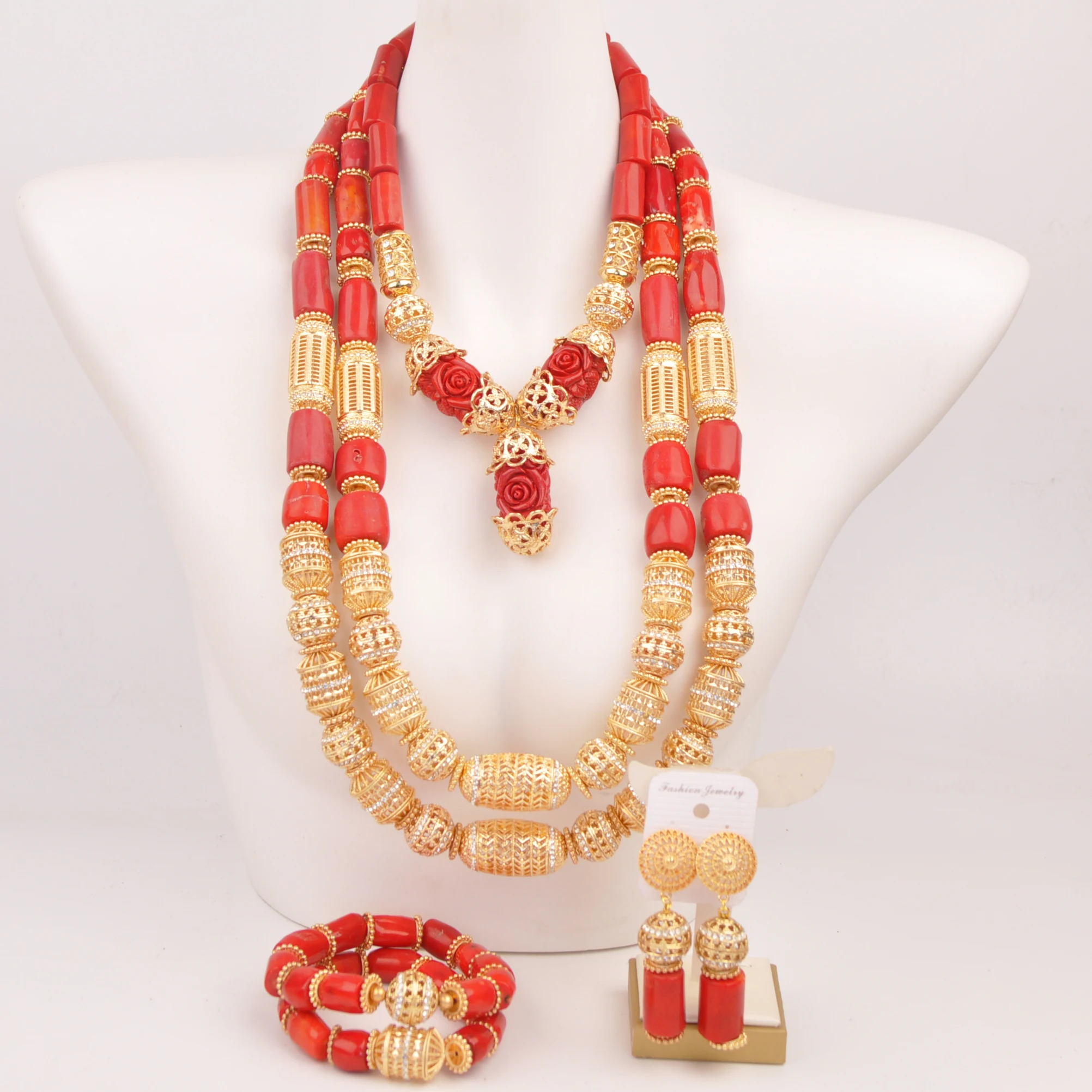 

Nigerian Wedding Red Coral Jewelry Set African Beads Jewelry Set