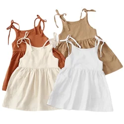 Robe d'été en fibre de coton pour petite fille, tenue de plage avec poche