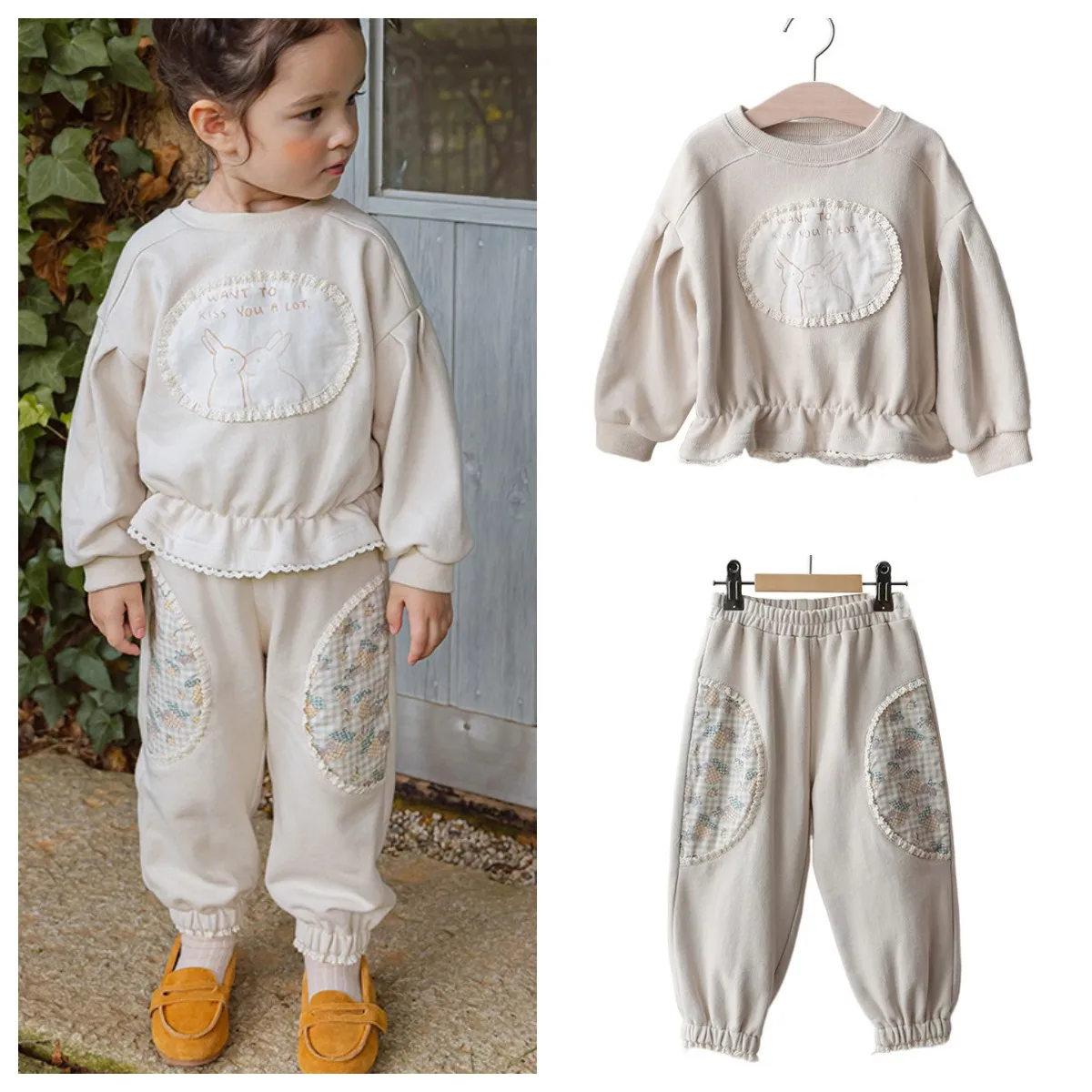 Baby Girl Outfit Set 2024 Autumn Kids Girls Clothes Cute Rabbit Patch Lace Sweater and Pants Children Clothing Set