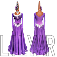 Ballroom Dance Standard Skirt Competition Costume Performance Clothing Adult Purple Long Dance Skirt White Embroidery