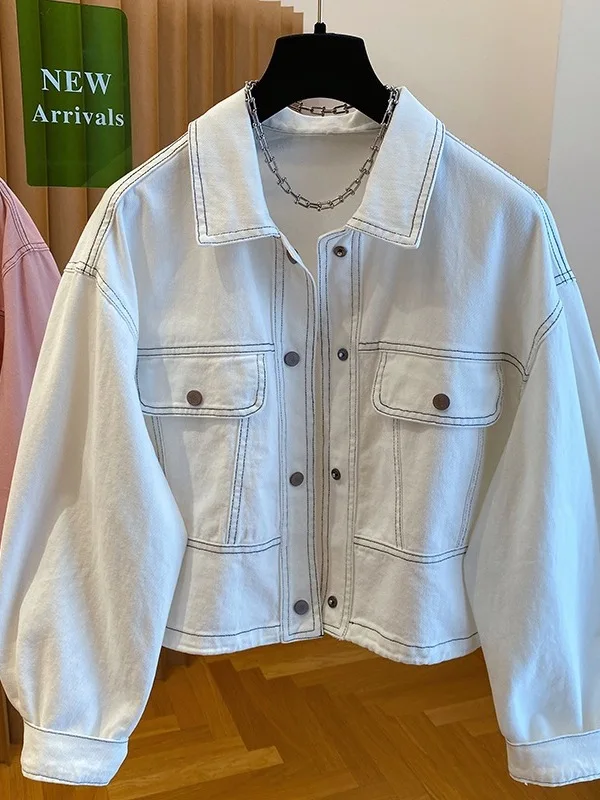 

Pink Denim Jaet Women's ort Sle Spring Autumn New Loose Stitching Jeans Jaet Top Warm Collar Regular Length