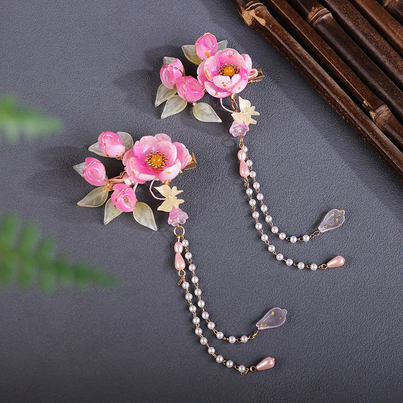 Lucky Bracelet Hand String Gradient Powder Petal Antique Side Clip Green Leaf Butterfly Pendant Tassel Hair Accessories Shadow