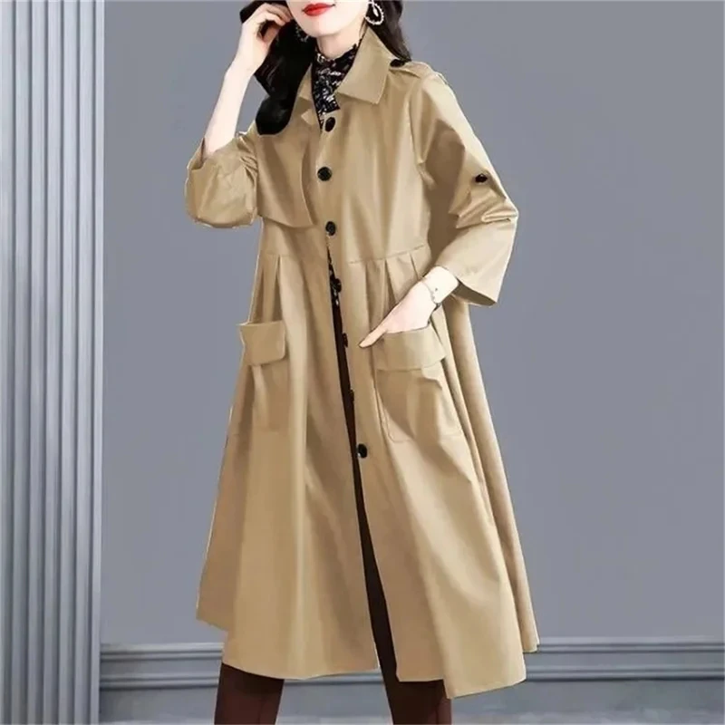 

Female Windbreaker Coat Women Spring Autumn 2024 New High End Loose Style Slim Autumn Mid length Coat Women Pocket Pleating Coat