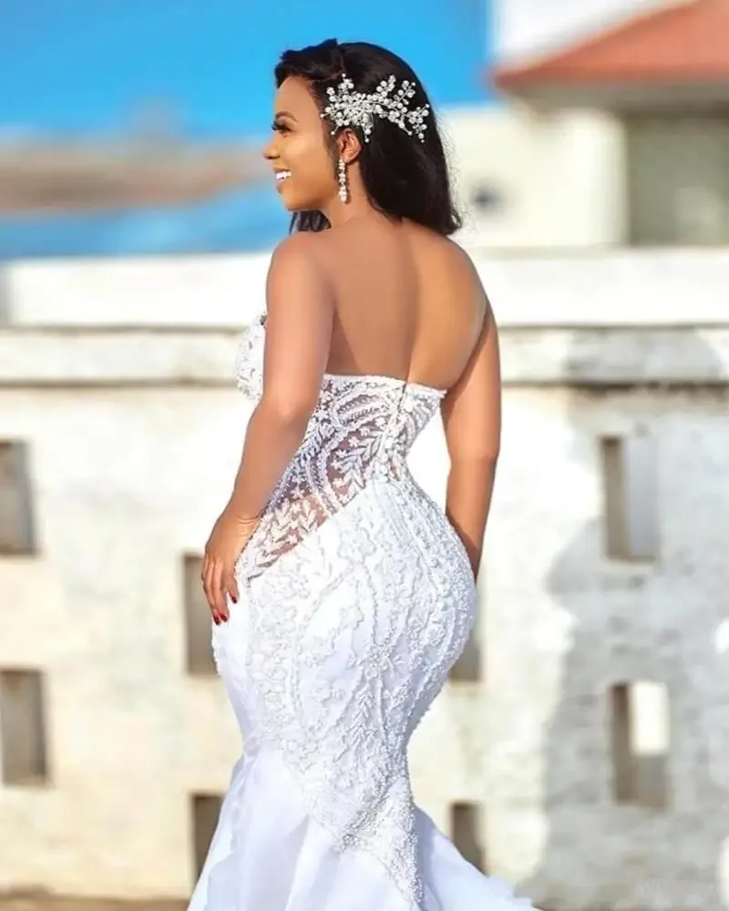 Vestidos de novia de sirena africana personalizados, vestidos de novia con falda desmontable, apliques de novia de satén, batas de talla grande D