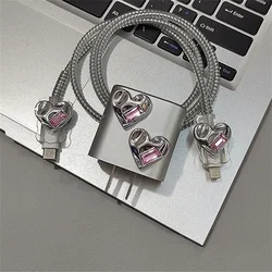 Luxury Silver Love Heart Plating USB Cable Protector Cover for IPhone 18/20W Organizer Data Line Charging Safe Plug Winder