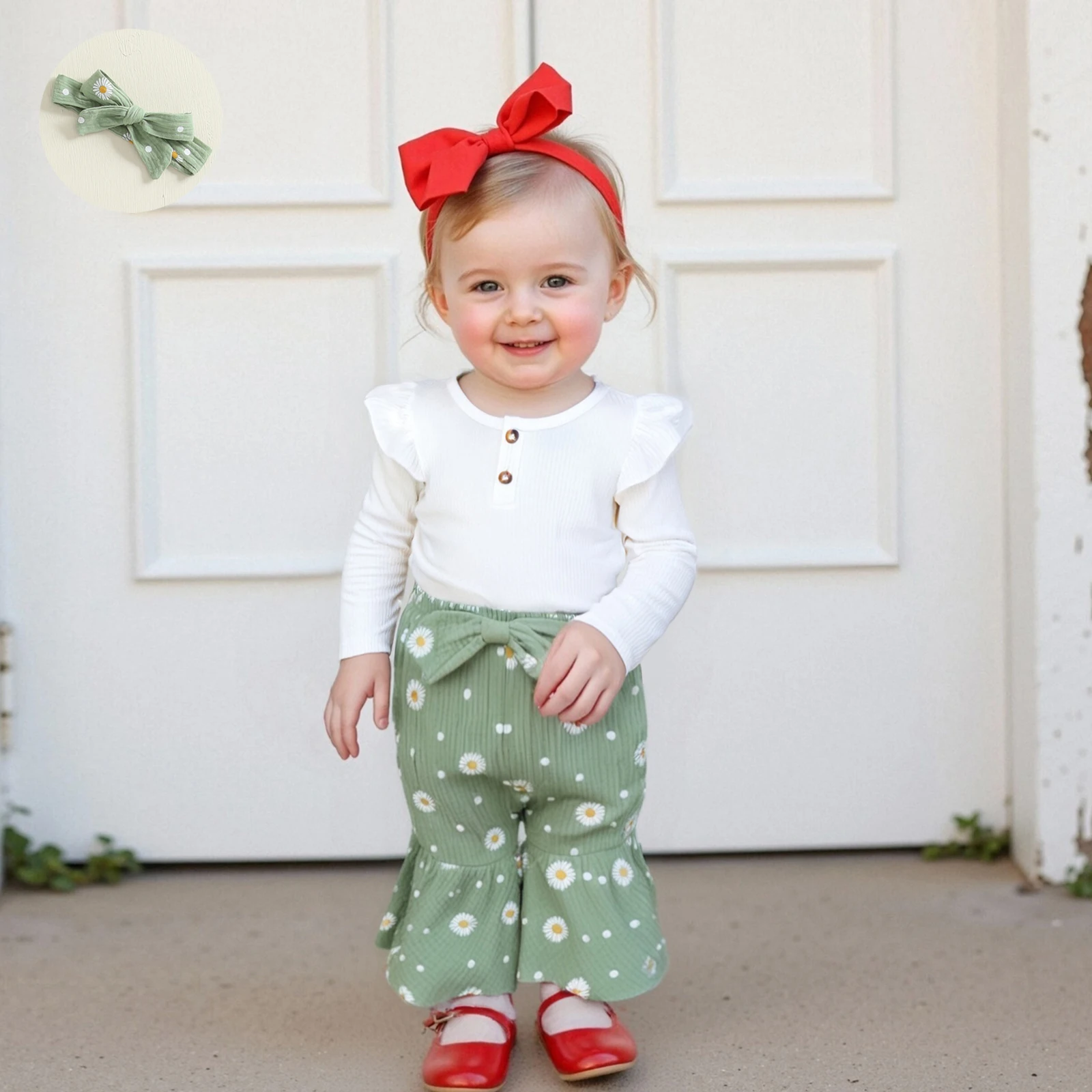 

Baby Clothes Girls Fall 2pcs Outfit Long Sleeve Romper with Floral Flare Pants and Headband Clothing Set