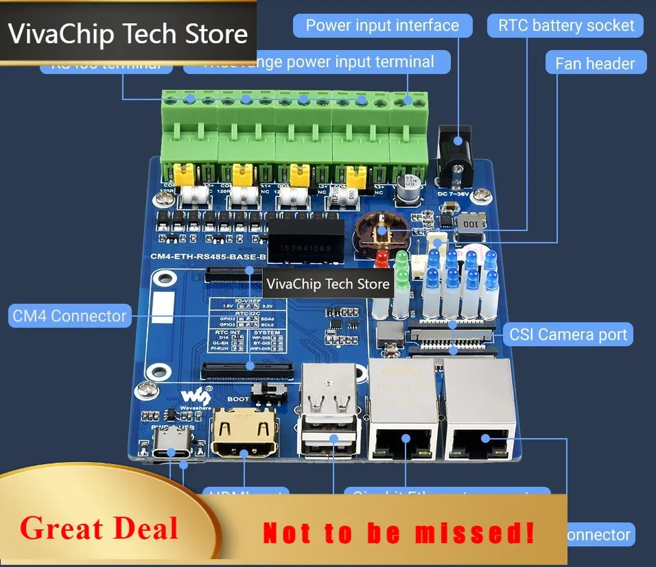 VivaCTRS485 Base Board (B) For Raspberry Pi Compute Module 4, Gigabit Ethernet, 4CH Isolated RS485