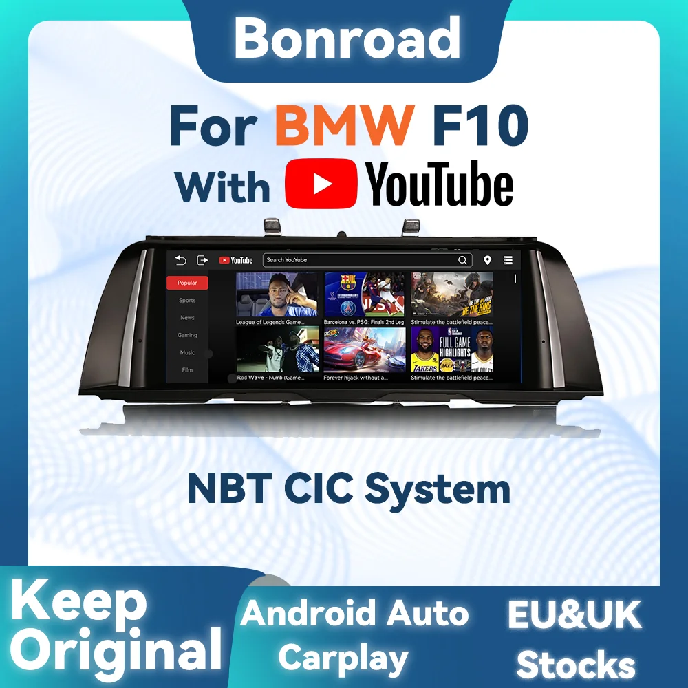 BONROAD 10.25'' Wireless CarPlay Android Auto Linux Audio Car Radio With Youtube Airplay Autolink Mirroring For BMW 5 Series F10 F11 NBT CIC System GPS Navigation Multimedia Display Touch Screen