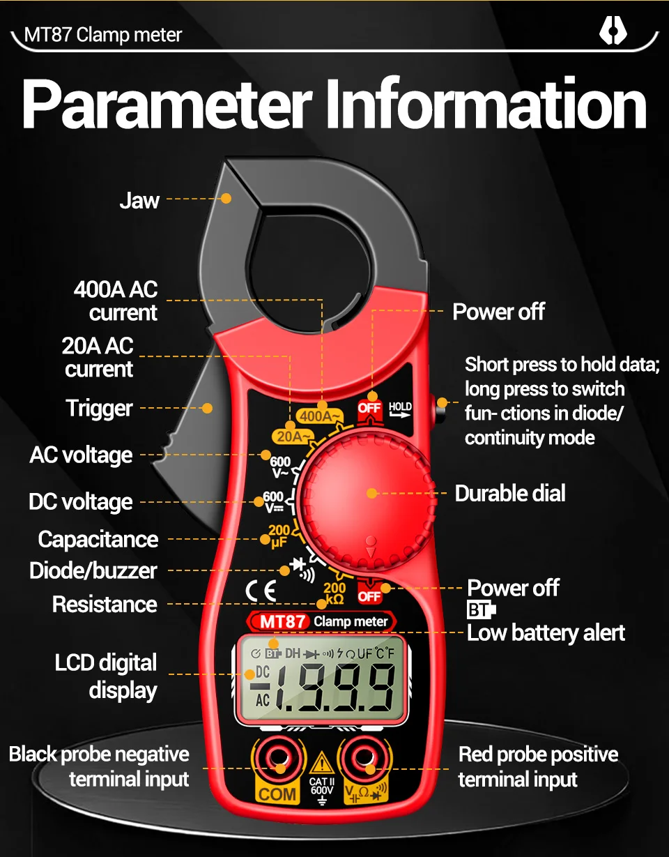 Professionelles Multimeter Stromzangenmessgerät Digitale Spannungsmessung 1,45 Zoll Große Messzange Strom NCV Ohm Hochpräziser Detektor Werkzeuge ANENG MT87 – Detail 10