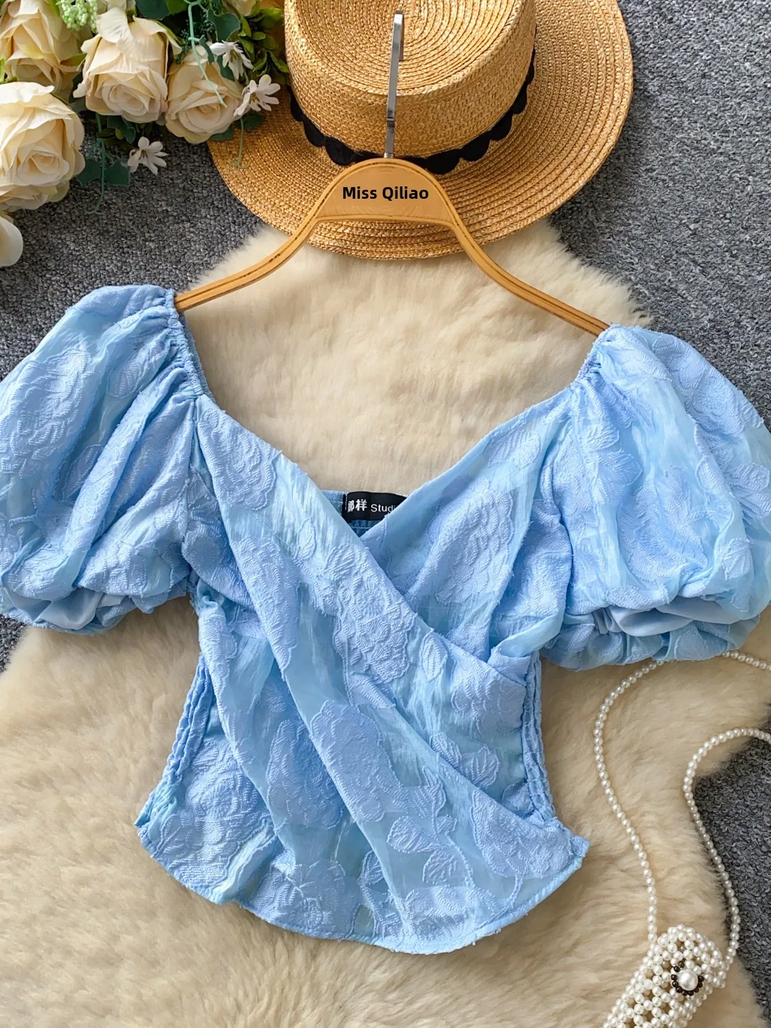 Doux doux croix v-ne bulle Sve ort irt femmes été lourd broderie coupe ajustée coréen Sle trajet Faion