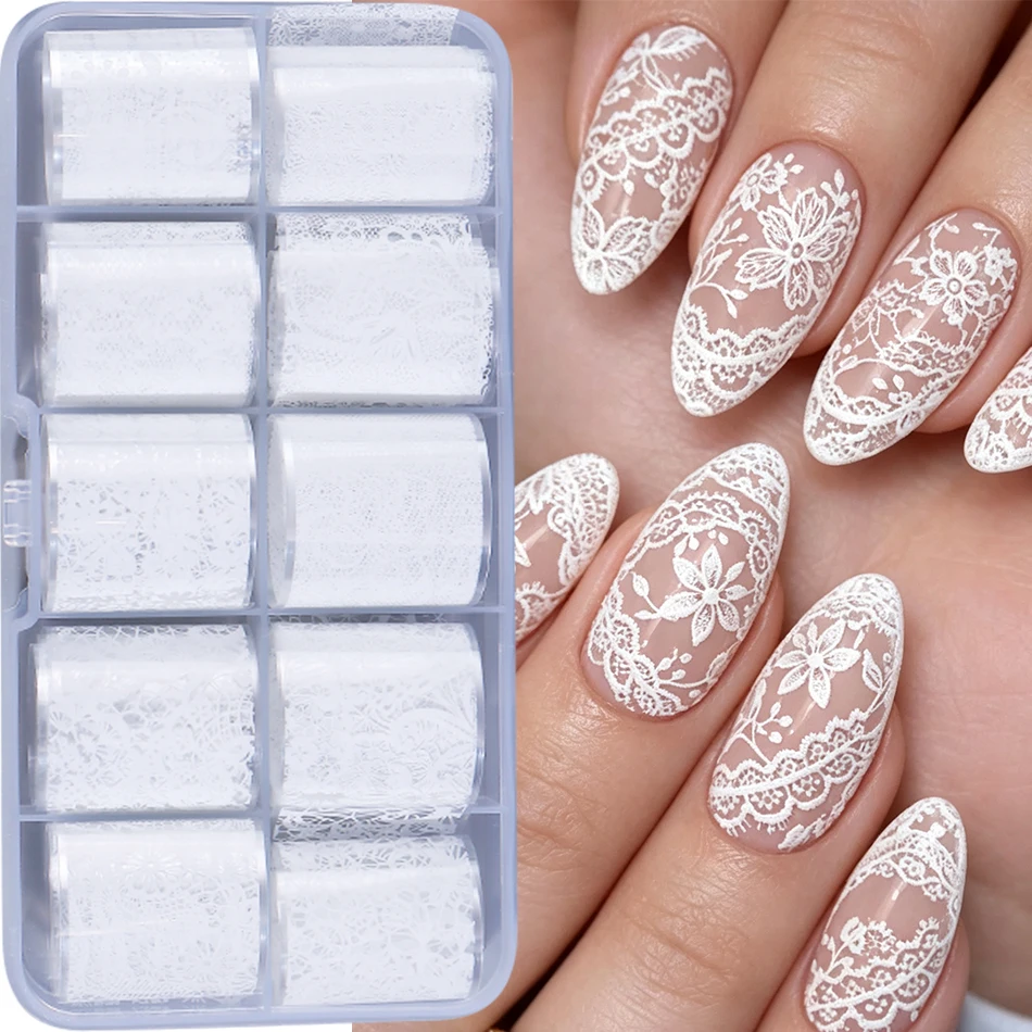 10 Rolls/Box Sexy Black White Lace Nail Foils White&Black Lace Flower Nail Transfer Paper For Wedding Bride DIY Elegant Manicure