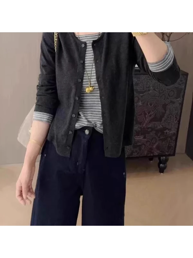 

ay Stripe Splicing Fake Two-Piece round Ne Knitted Sweater Women's Long Sve Open Cardigan Top Casual Loose Fit Sle